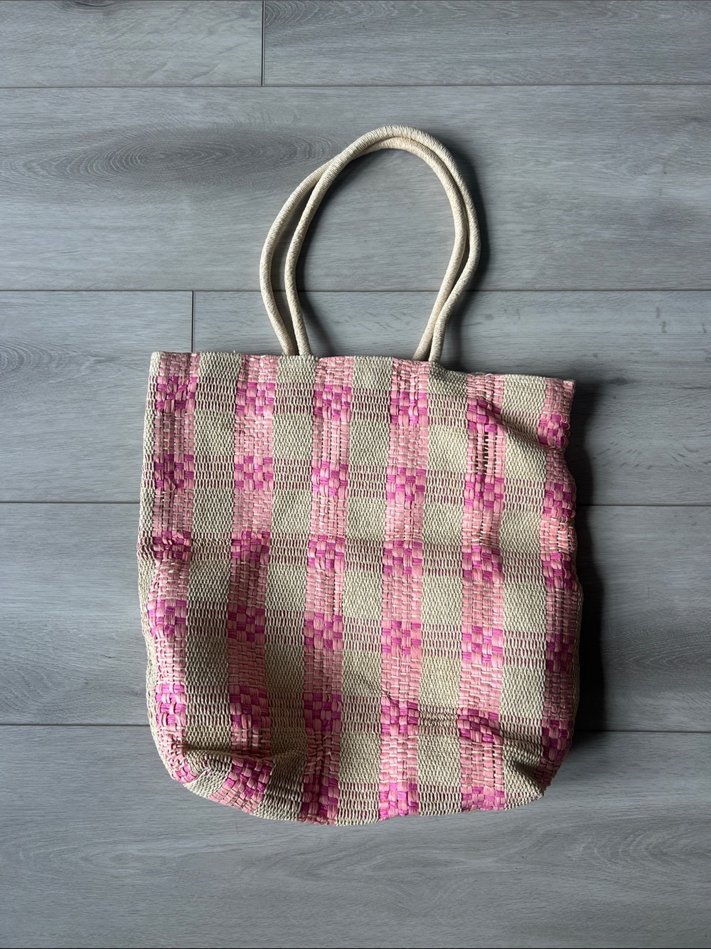 a new day Pink and Cream Woven Tote with Rope Handles